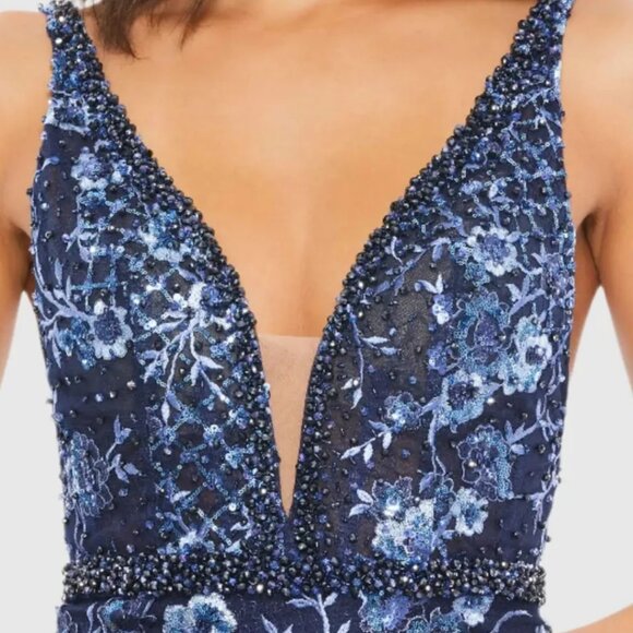 $698 Mac Duggal 67481 Size 4 Blue Floral Embroidered V-Neck Long Maxi Gown Dress - Picture 4 of 5